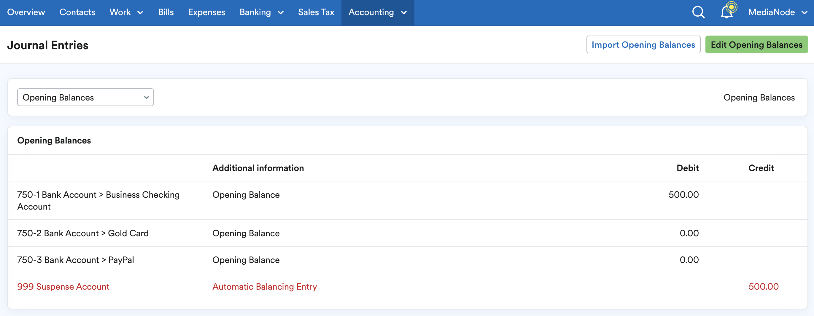 Opening Balances displayed in Journal Entries.