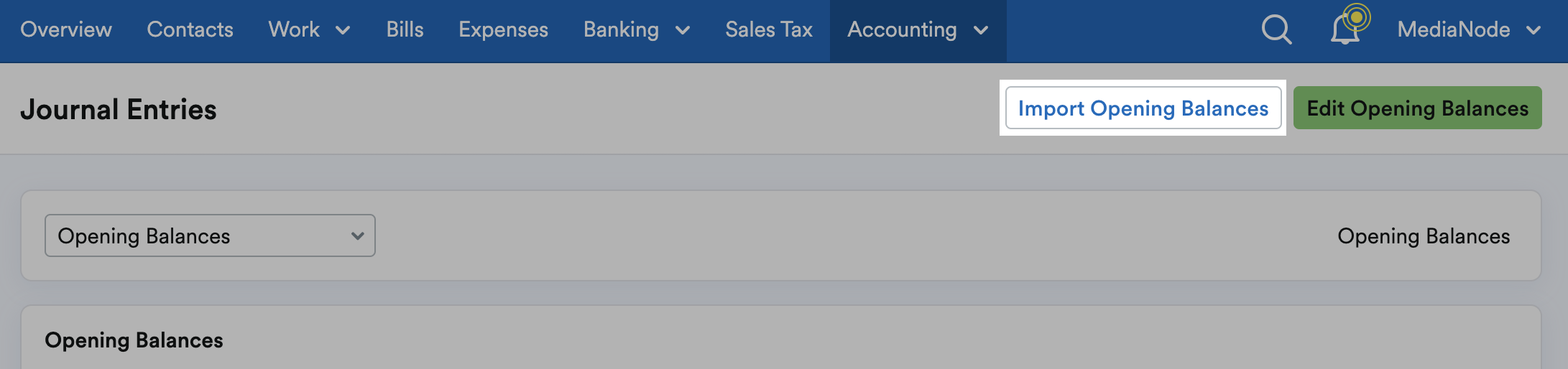‘Import Opening Balances’ button highlighted on Journal Entries page.