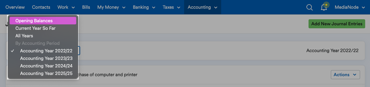 ‘Opening Balances’ highlighted on drop down menu.