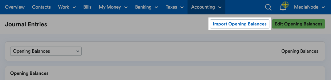 ‘Import Opening Balances’ button highlighted at top of Journal Entries page.