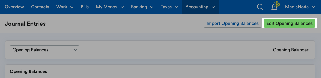‘Edit Opening Balances’ button highlighted at top of Journal Entries page.