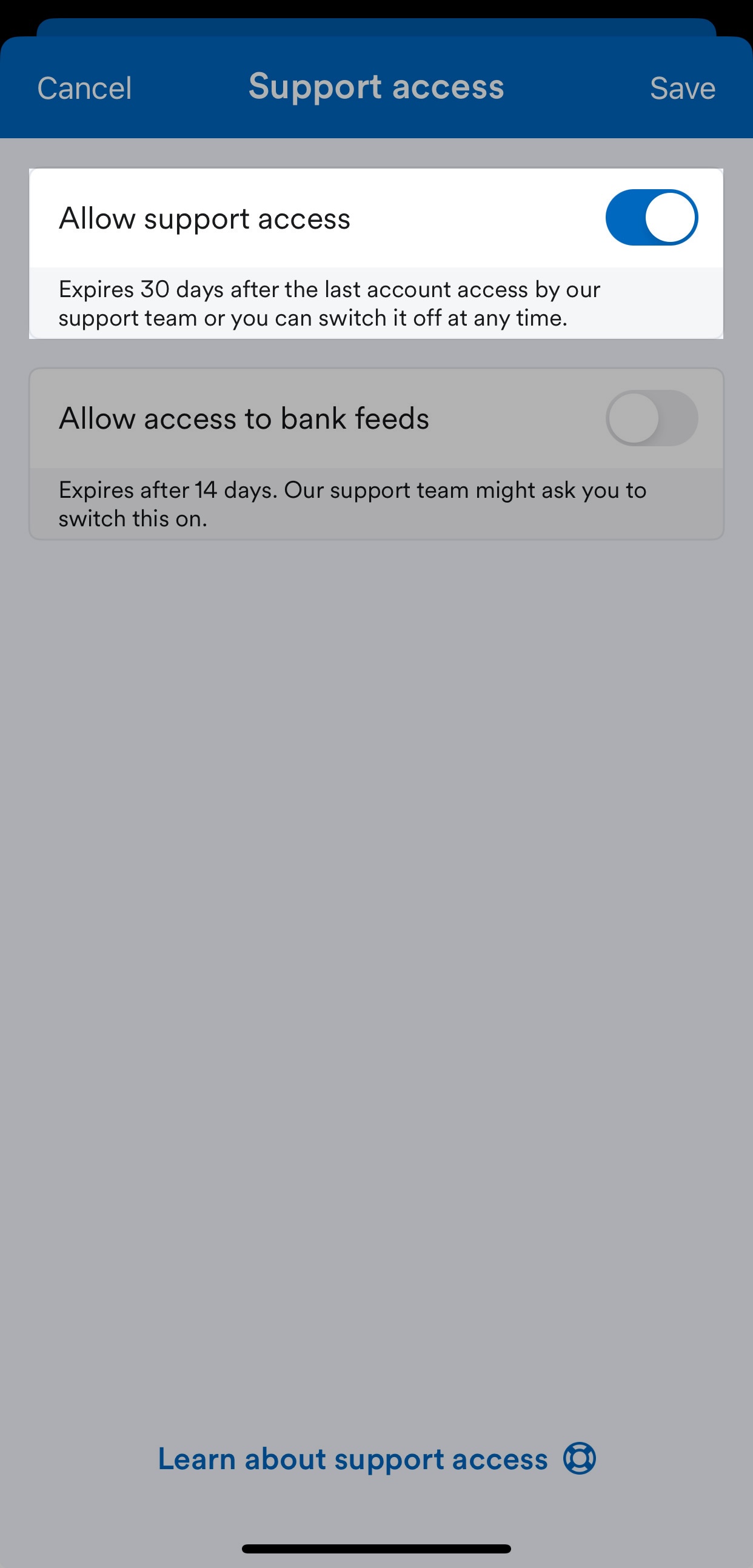 Allow support access toggle highlighted and set to on