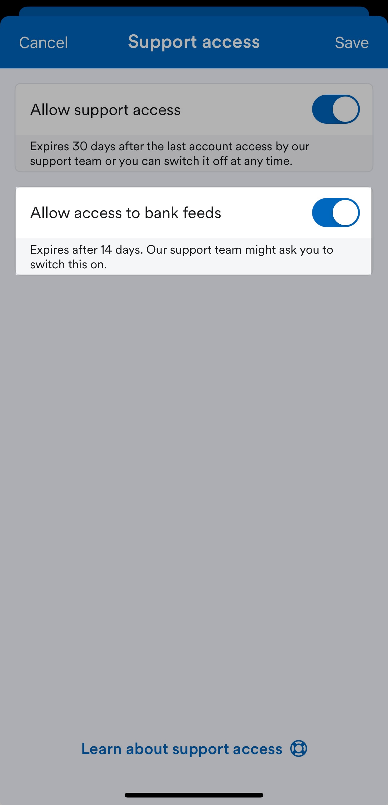 Allow access to bank feeds toggle highlighted and set to on