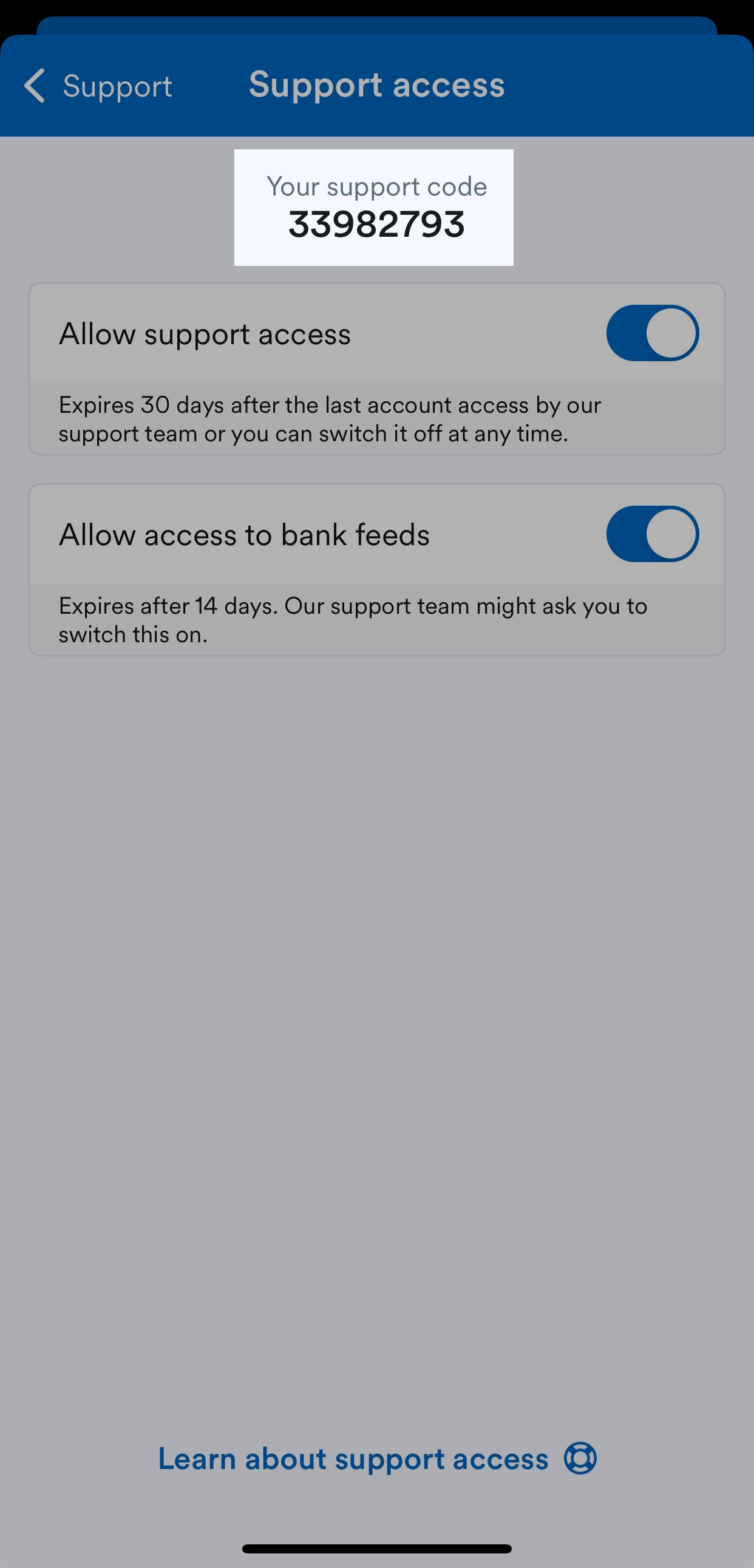 Support code highlighted