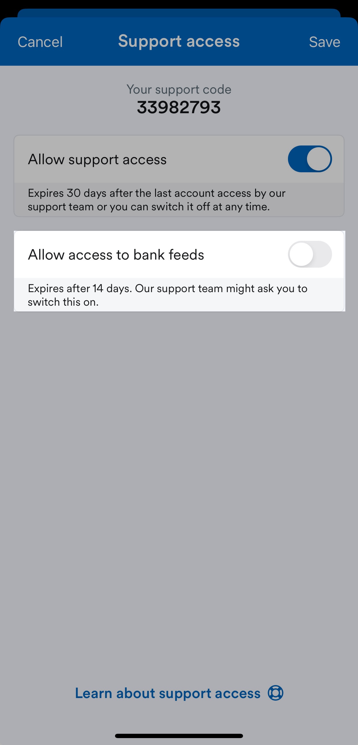 Allow access to bank feeds toggle highlighted and set to off