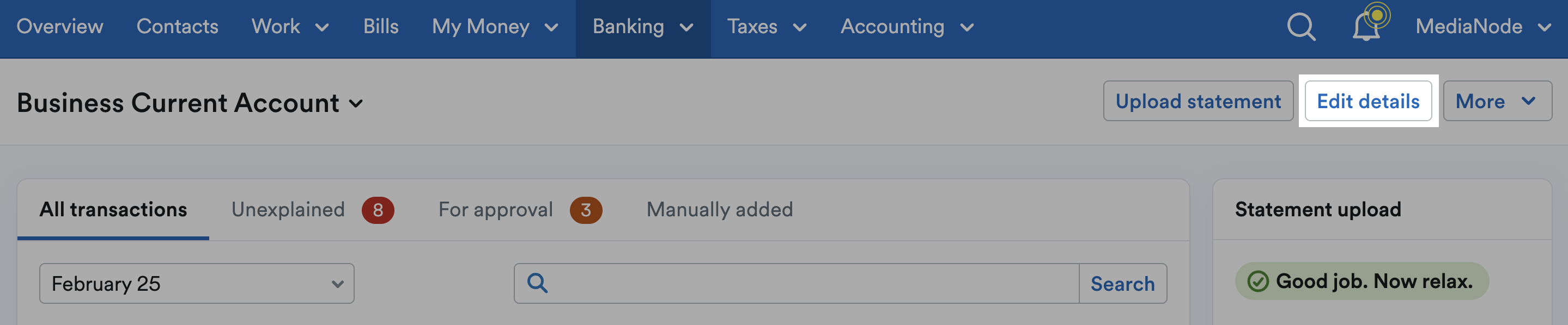 ‘Edit Details’ button highlighted at top of bank account page.
