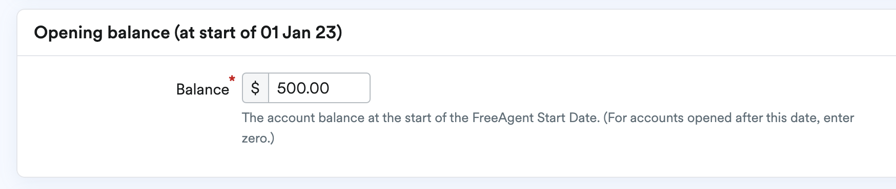 Opening balance section with a figure input.