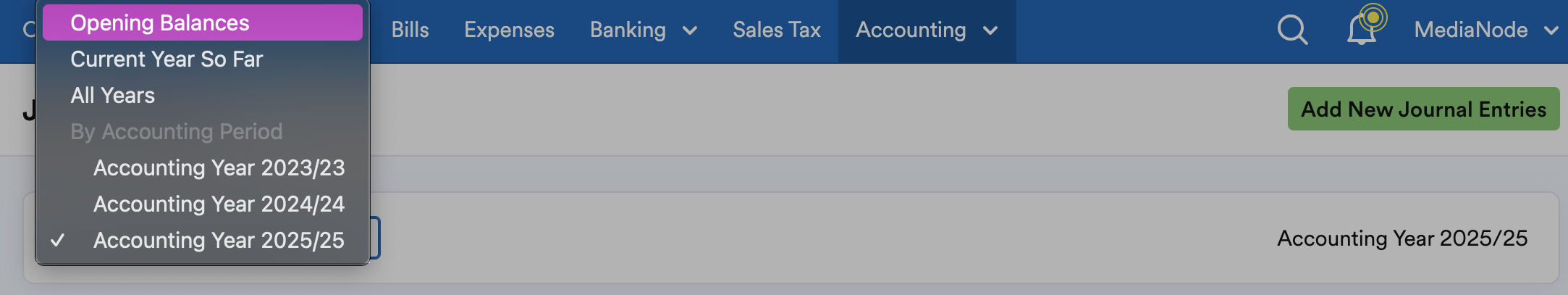 ‘Opening Balances’ selected on drop down menu.