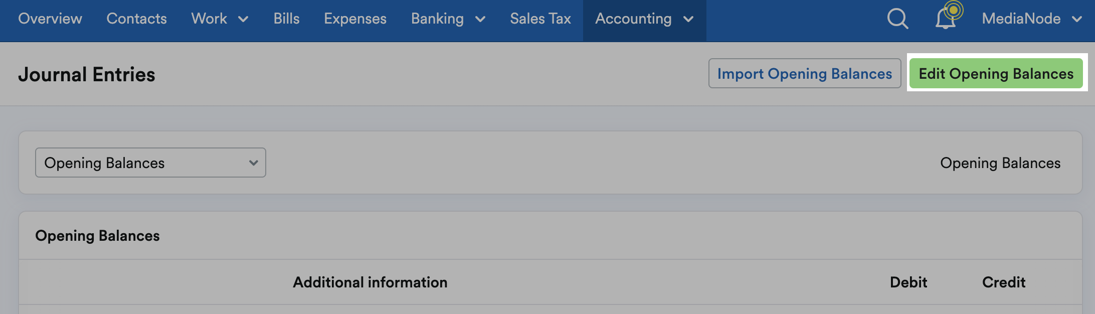 ‘Edit Opening Balances’ button highlighted at top of Journal Entries page.