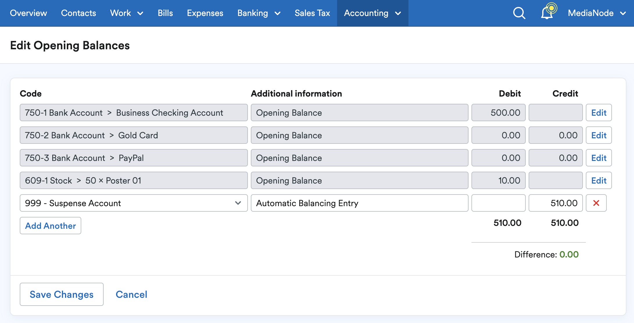 Edit Opening Balances page showing codes, additional information and Debit and Credit figures.