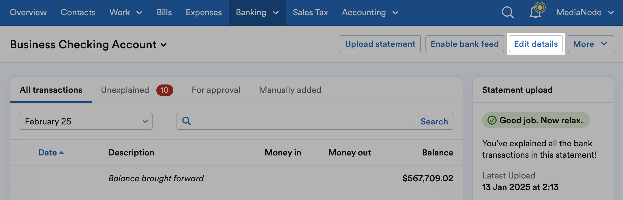 ‘Edit details’ button highlighted at top of bank account page.