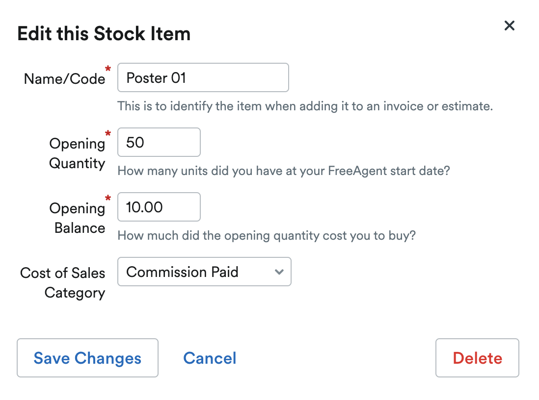 ‘Edit this Stock Item’ pop up window.