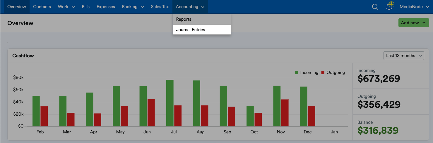 'Journal Entries' highlighted under Accounting tab on Overview page.