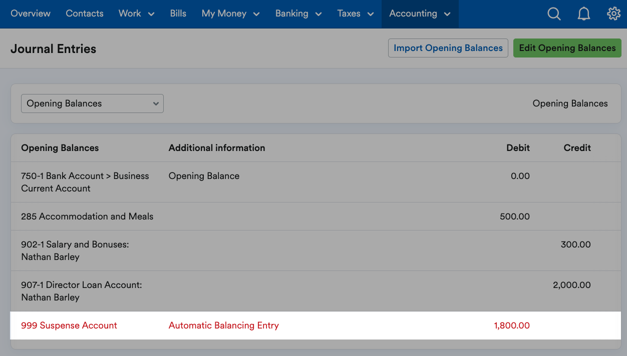 Suspense account entry highlighted