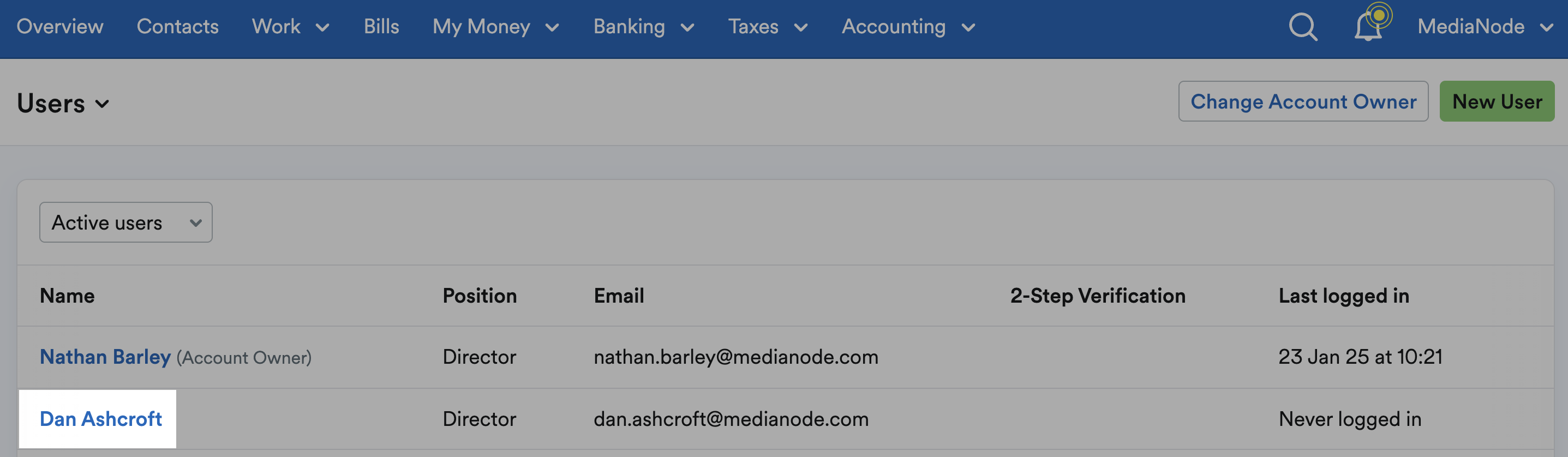 FreeAgent user's name highlighted within Users area