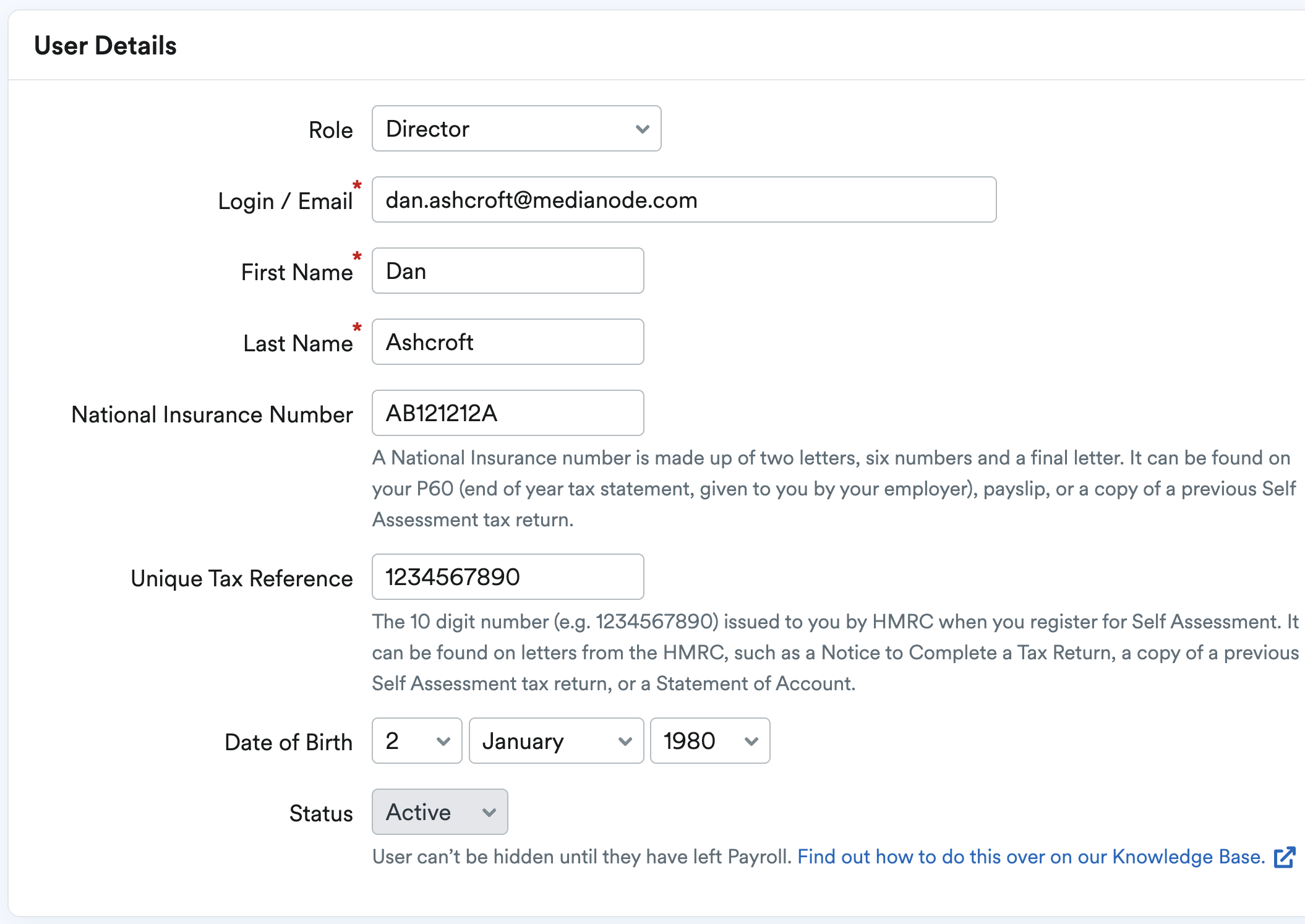 Selected user's details available to edit