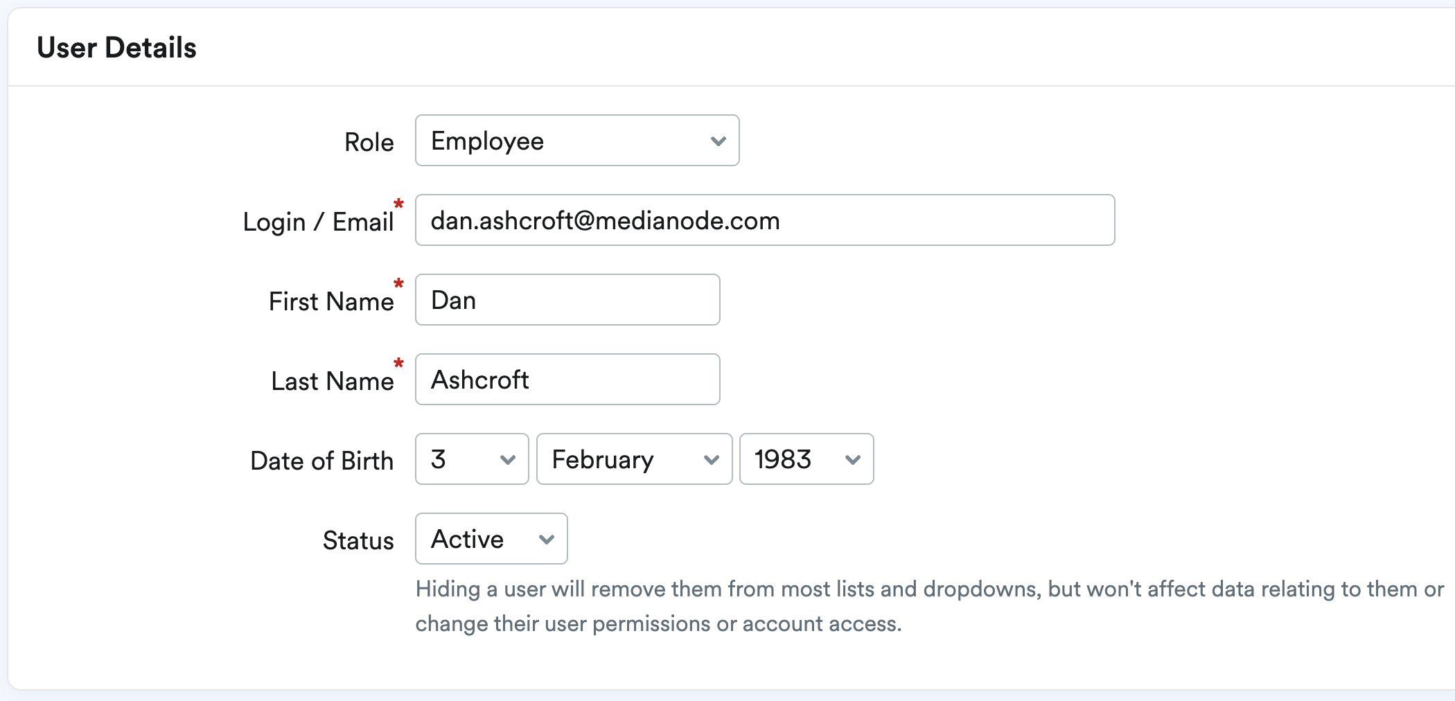 Selected user's details available to edit