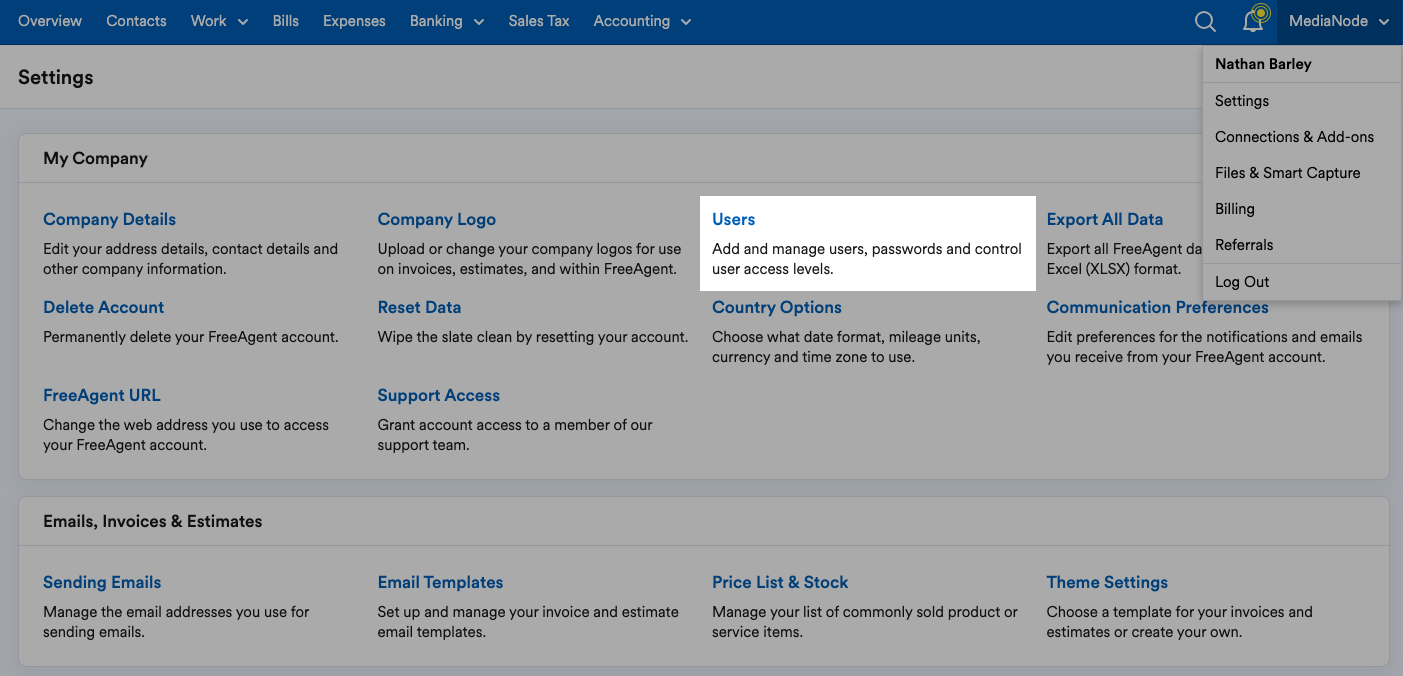 'Users' highlighted within the My Company area of the Settings page.