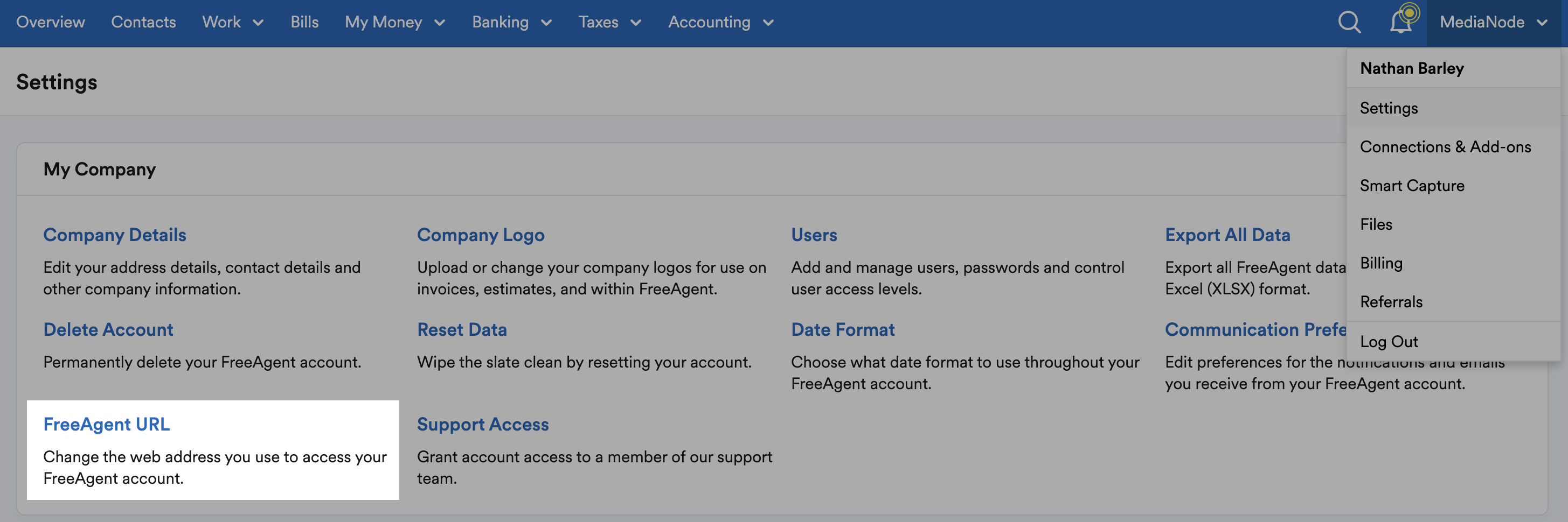 FreeAgent URL highlighted within Settings area