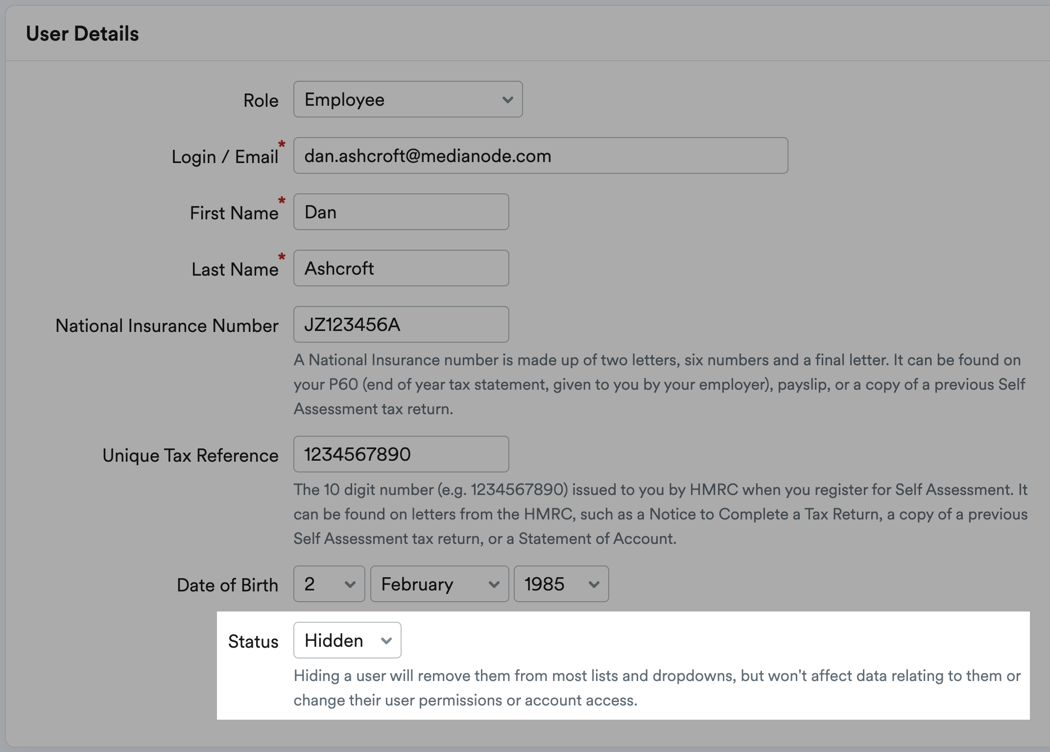 Hidden option highlighted within Status drop-down menu on a user profile