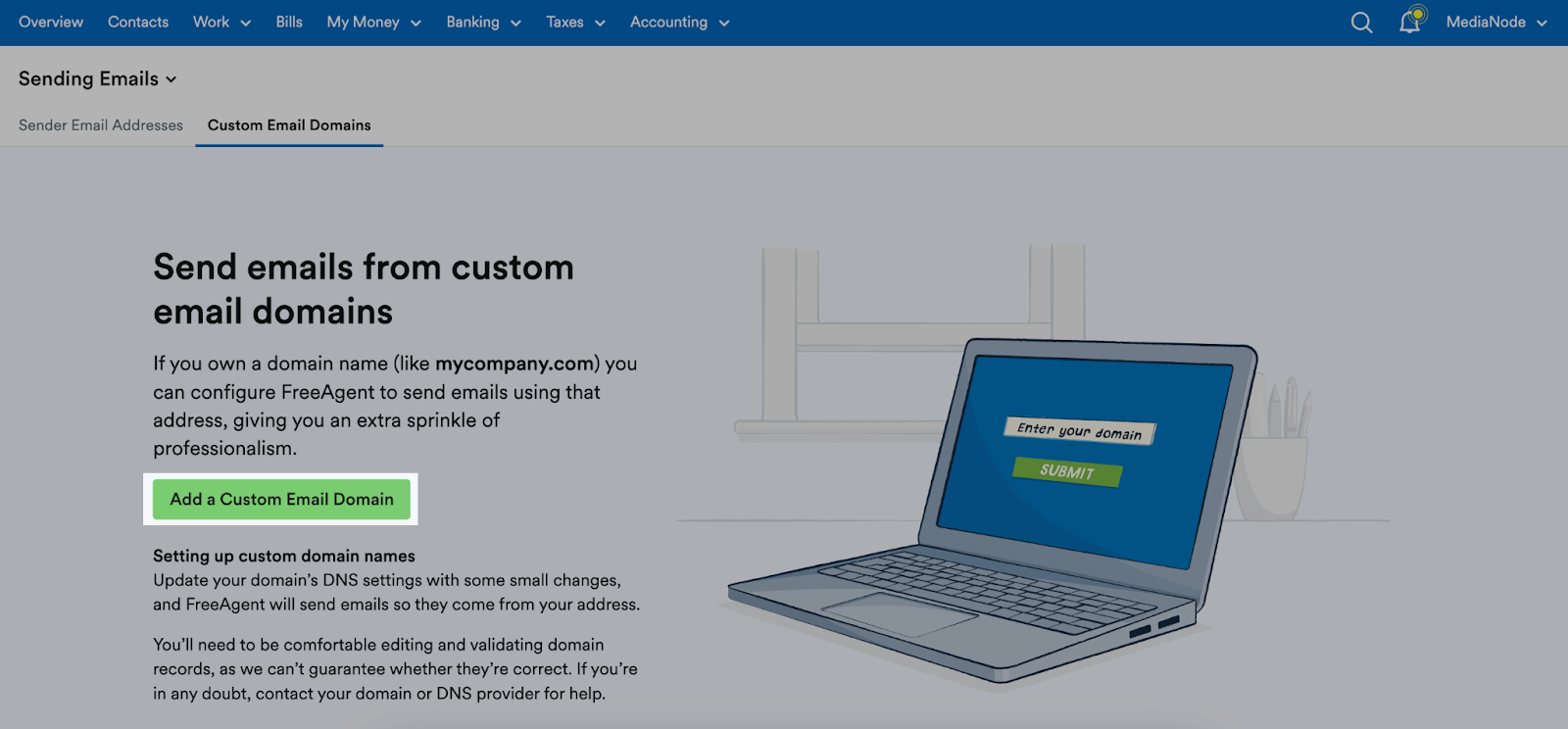 add a custom email domain button highlighted
