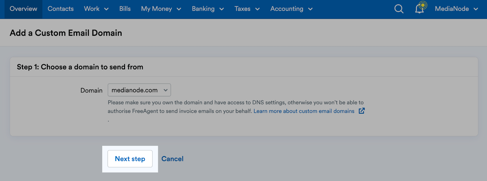 Next step button highlighted