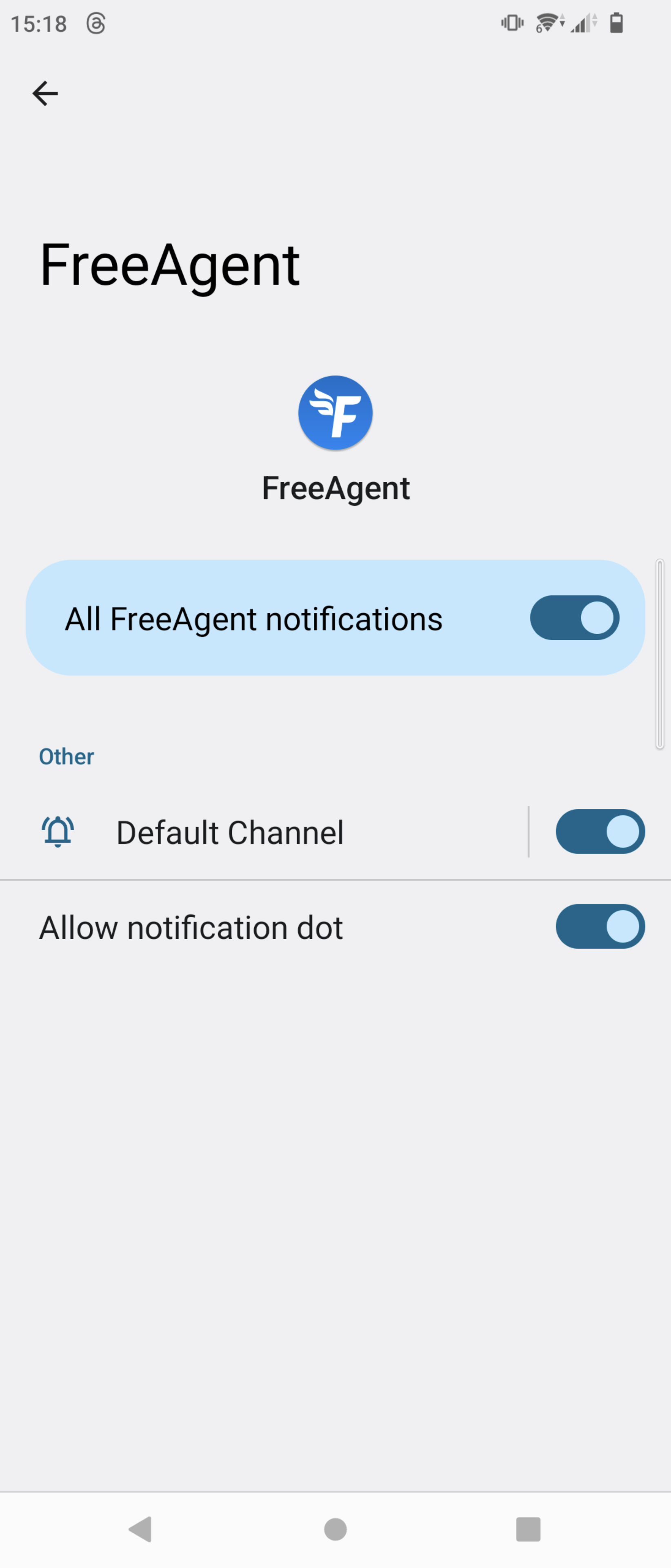 'All FreeAgent notifications' toggle highlighted.