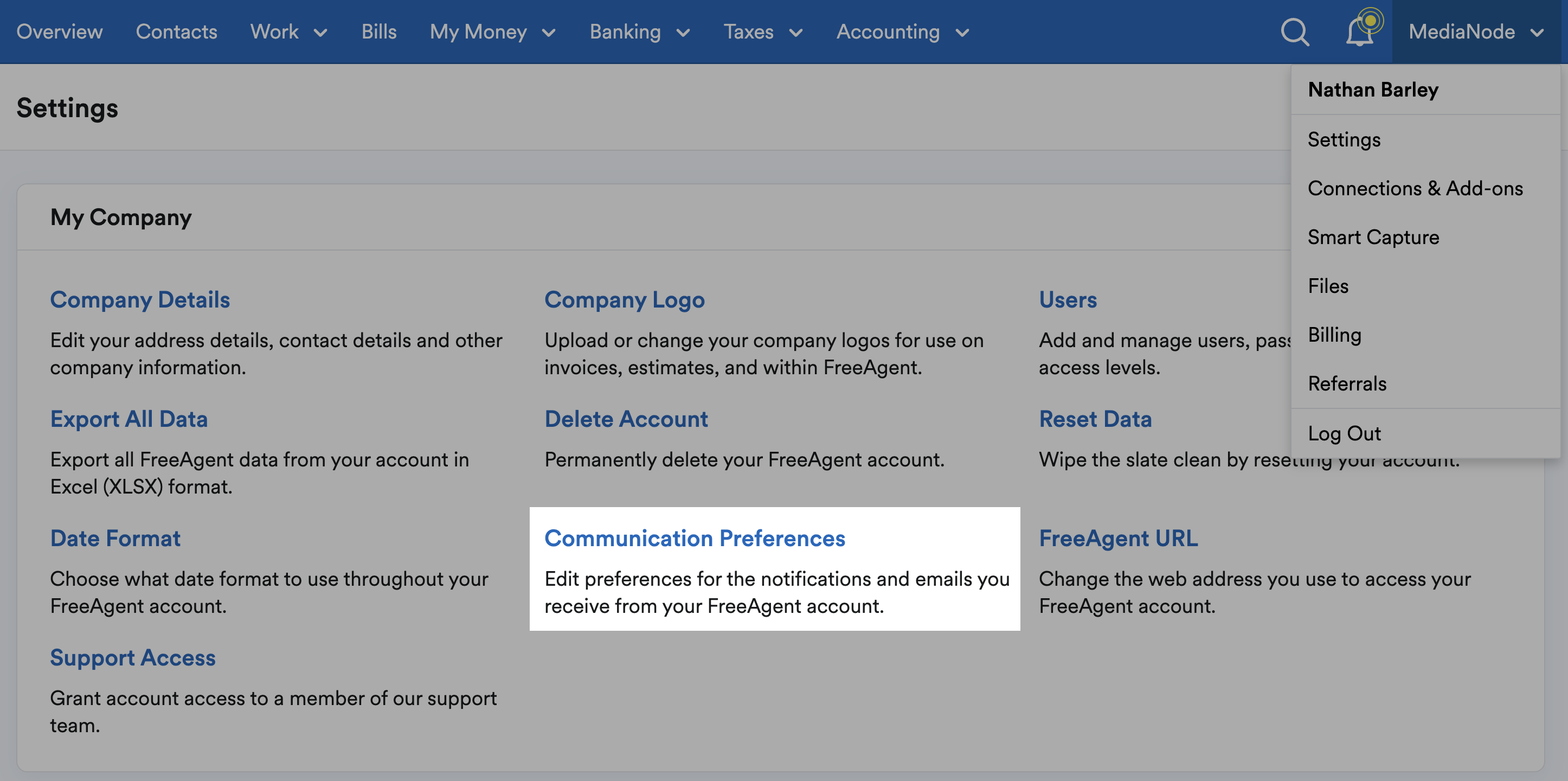 Communication preferences highlighted within Settings area