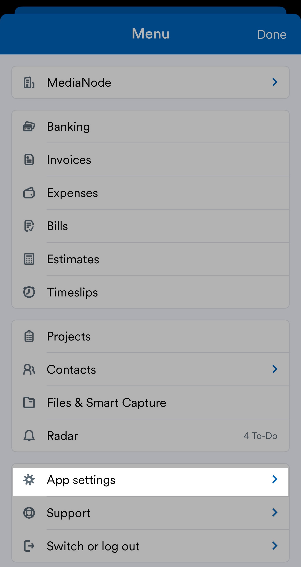 'App settings' highlighted on Menu.