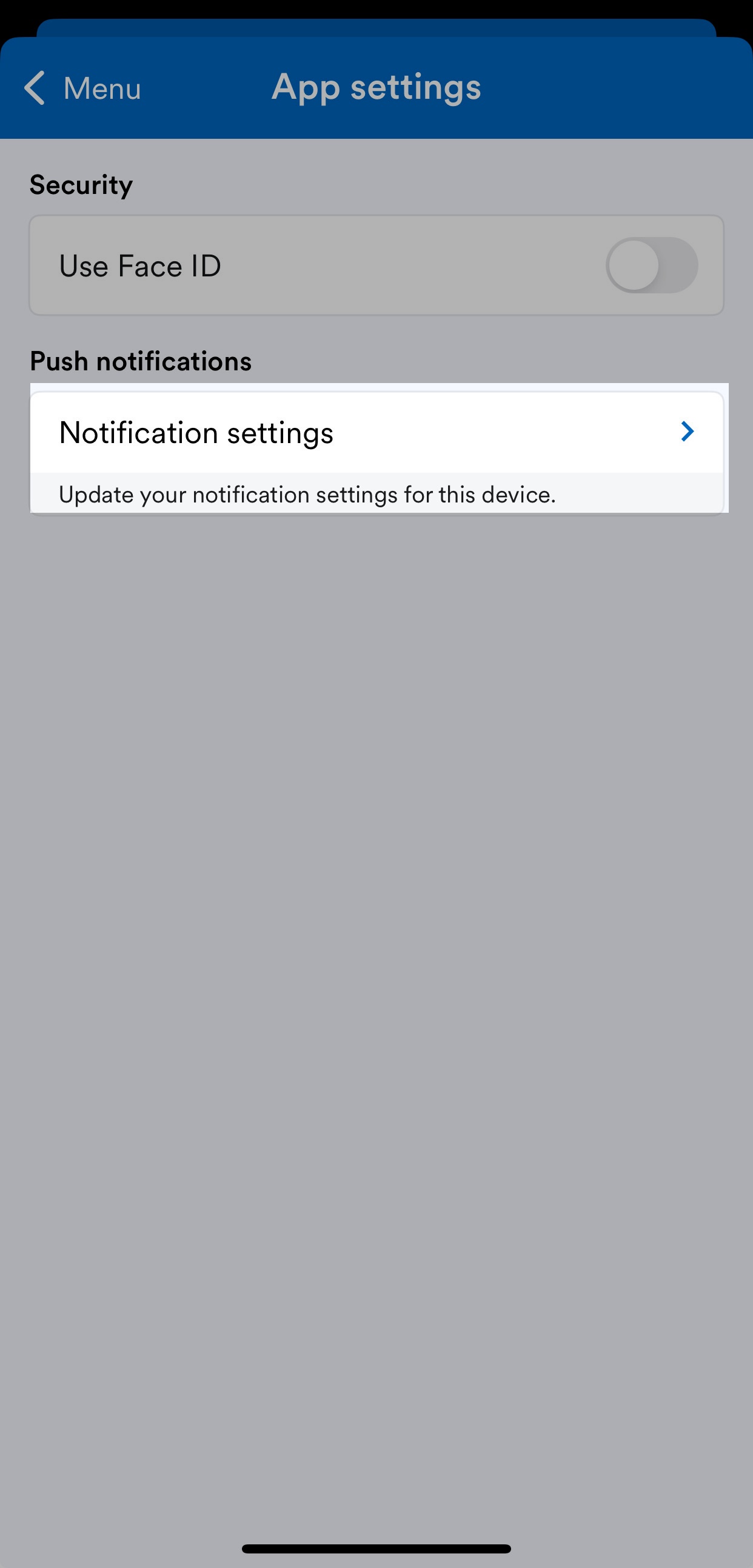 'Notification settings' highlighted under Push notifications.