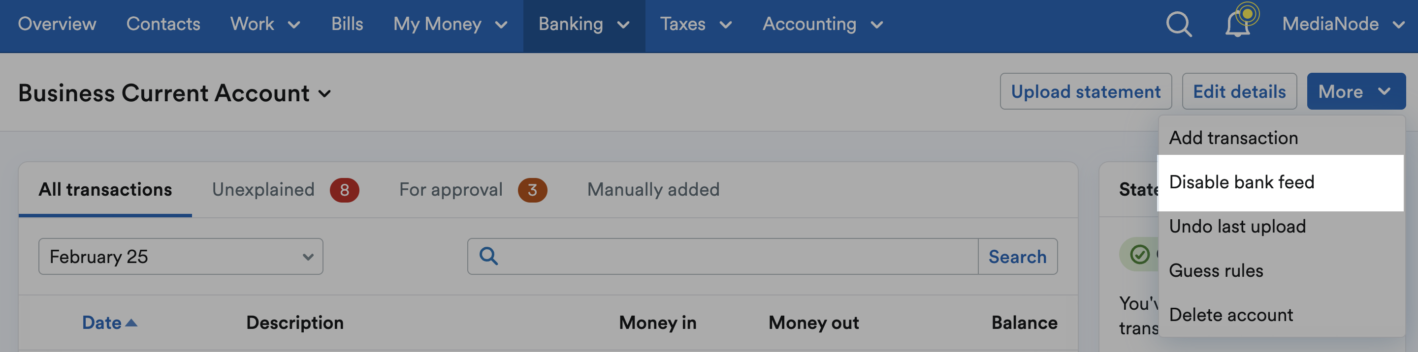 Disable bank feed option highlighted from More drop-down menu