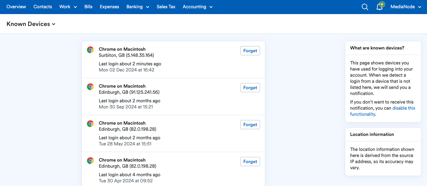 Known Devices page showing list of devices and last login date.