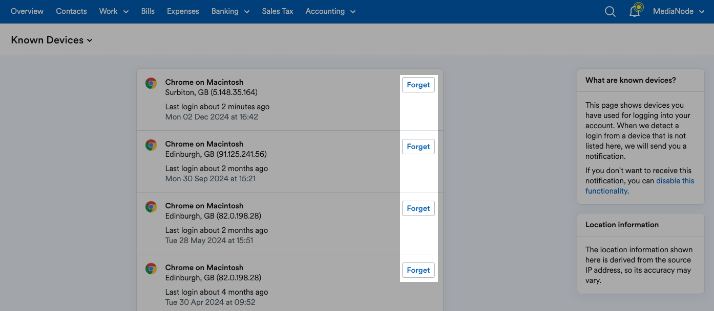 'Forget' button highlighted next to listed devices.