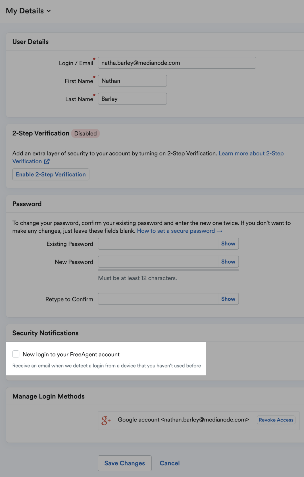Security Notification section with checkbox to receive email when a new device login is detected.