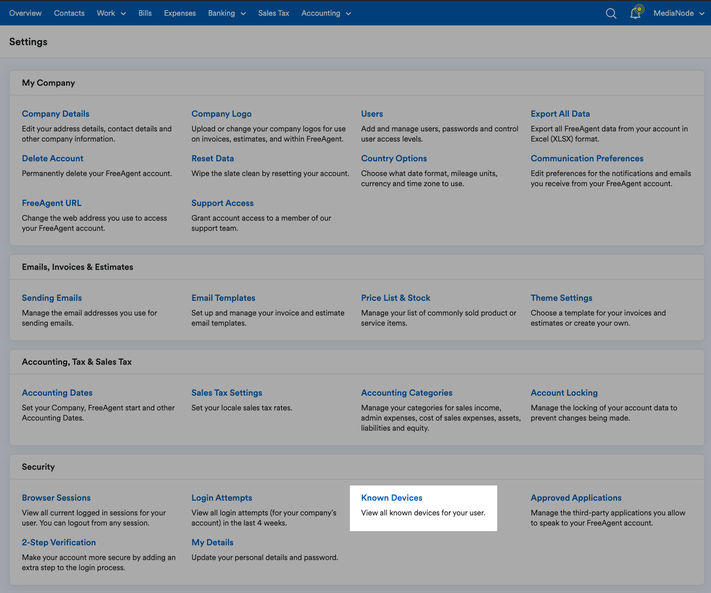 'Known Devices' highlighted in Security section of Settings page.