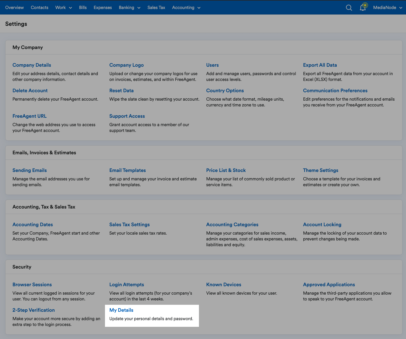 'My Details' highlighted in Security section of Settings page.