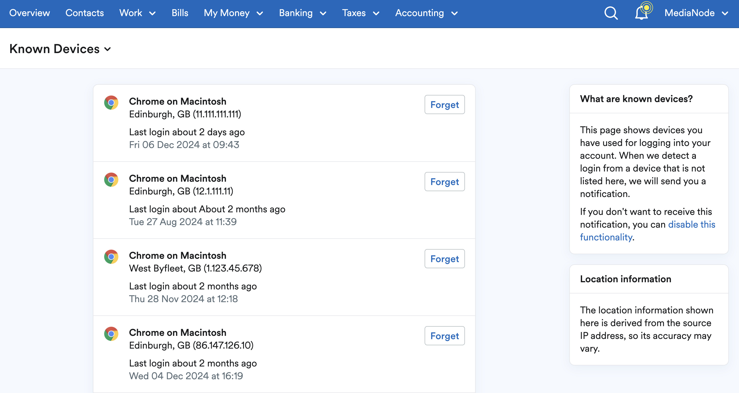 Known Devices page showing multiple devices and dates logged in.