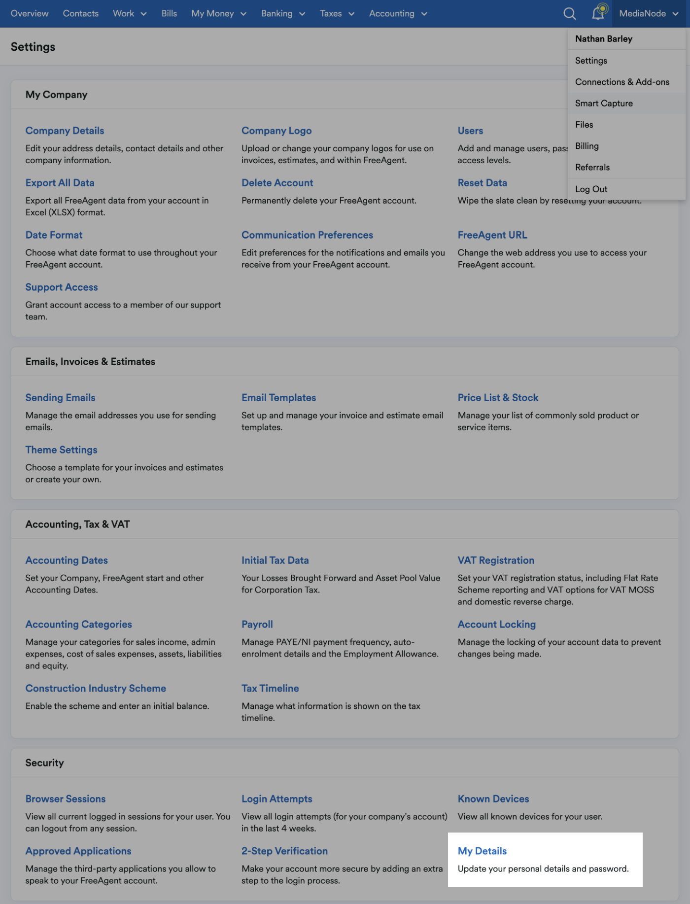 'My details' highlighted in Security section of Settings page.