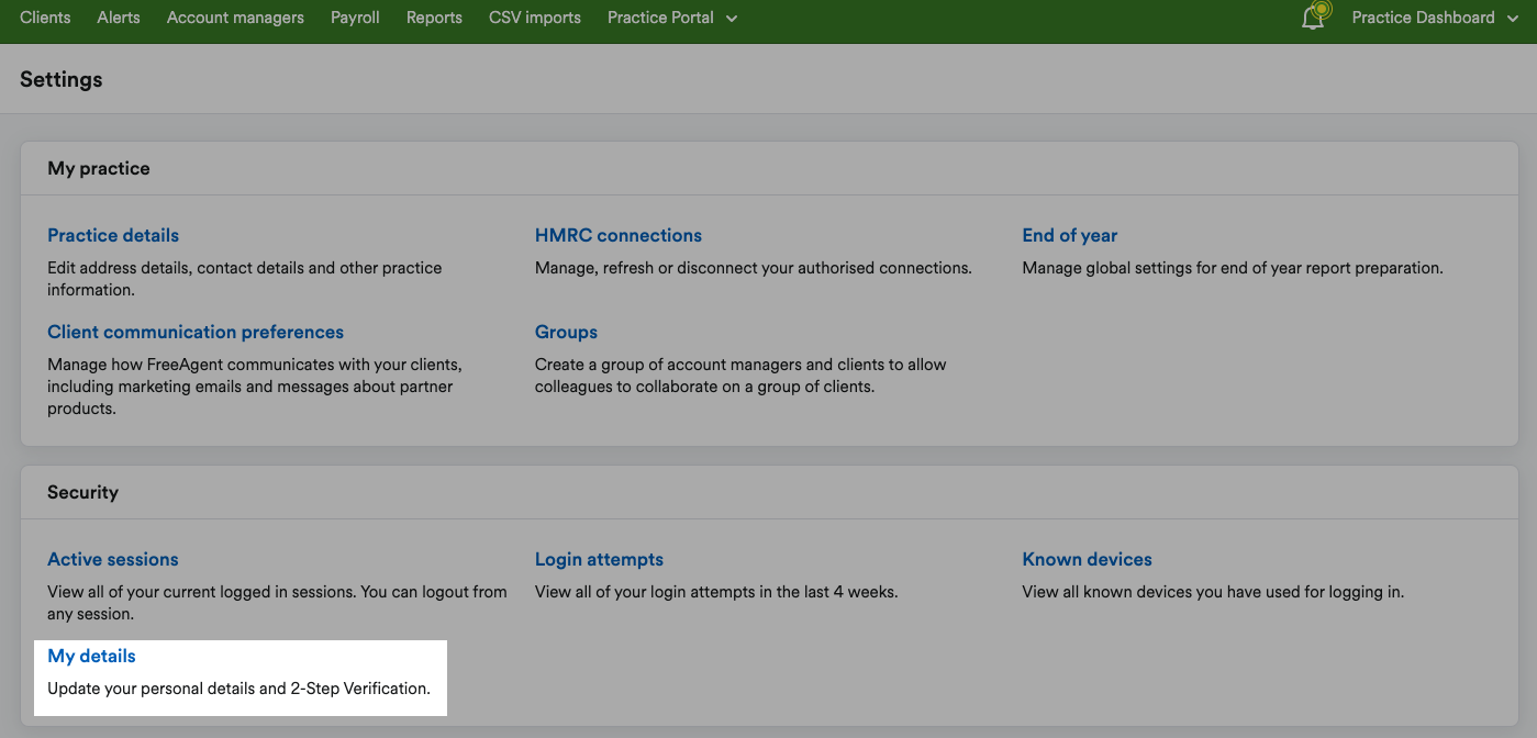 'My Details' highlighted in Security section of Settings page.