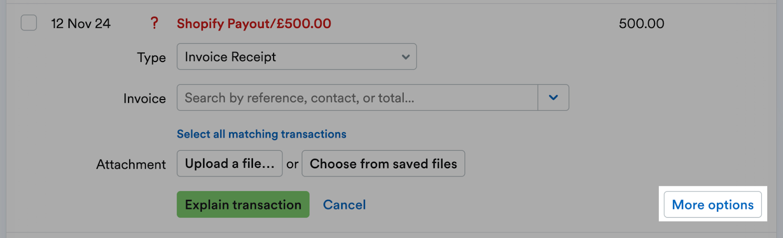 More options button highlighted on a bank transaction