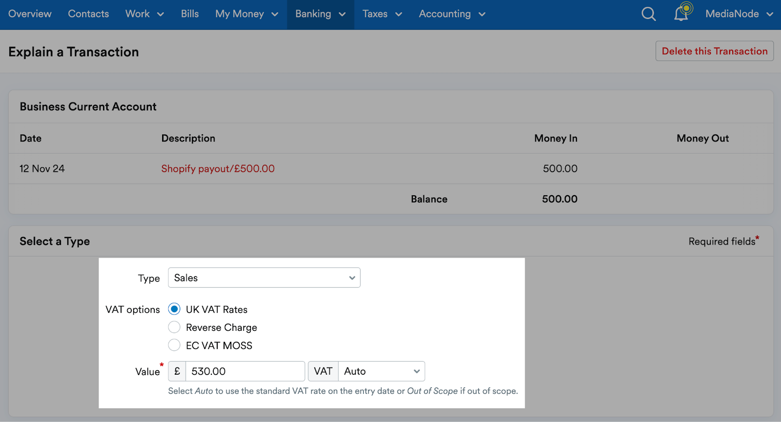 Value field highlighted with the increased amount entered and Type field with Sales selected