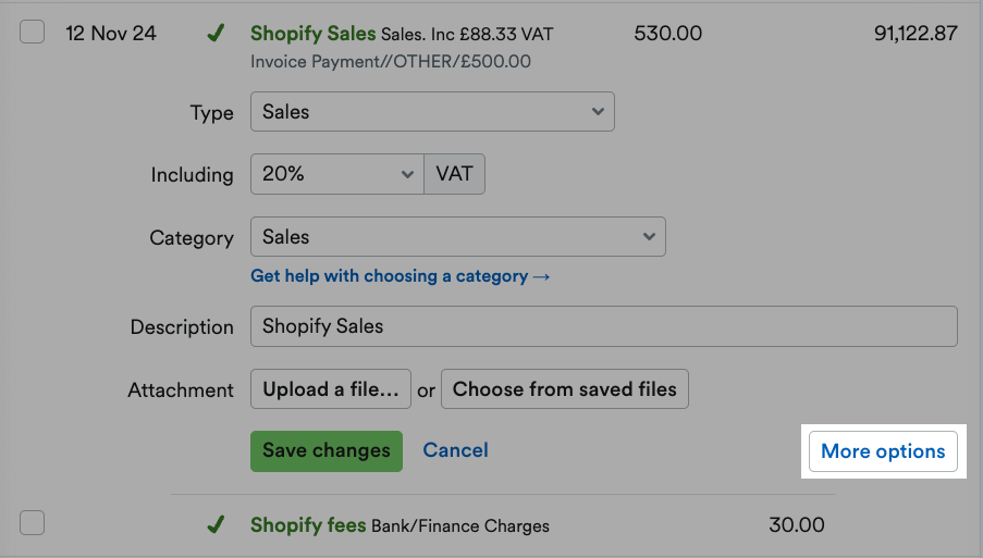 More options button highlighted on original bank transaction