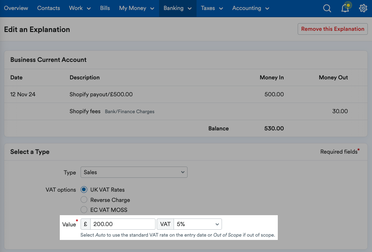 Value and VAT fields highlighted