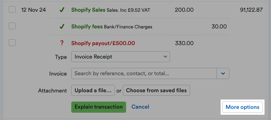 More options button highlighted on final bank transaction