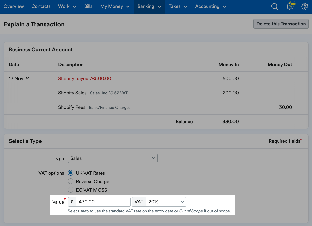 Value and amount fields highlighted for second sales transaction
