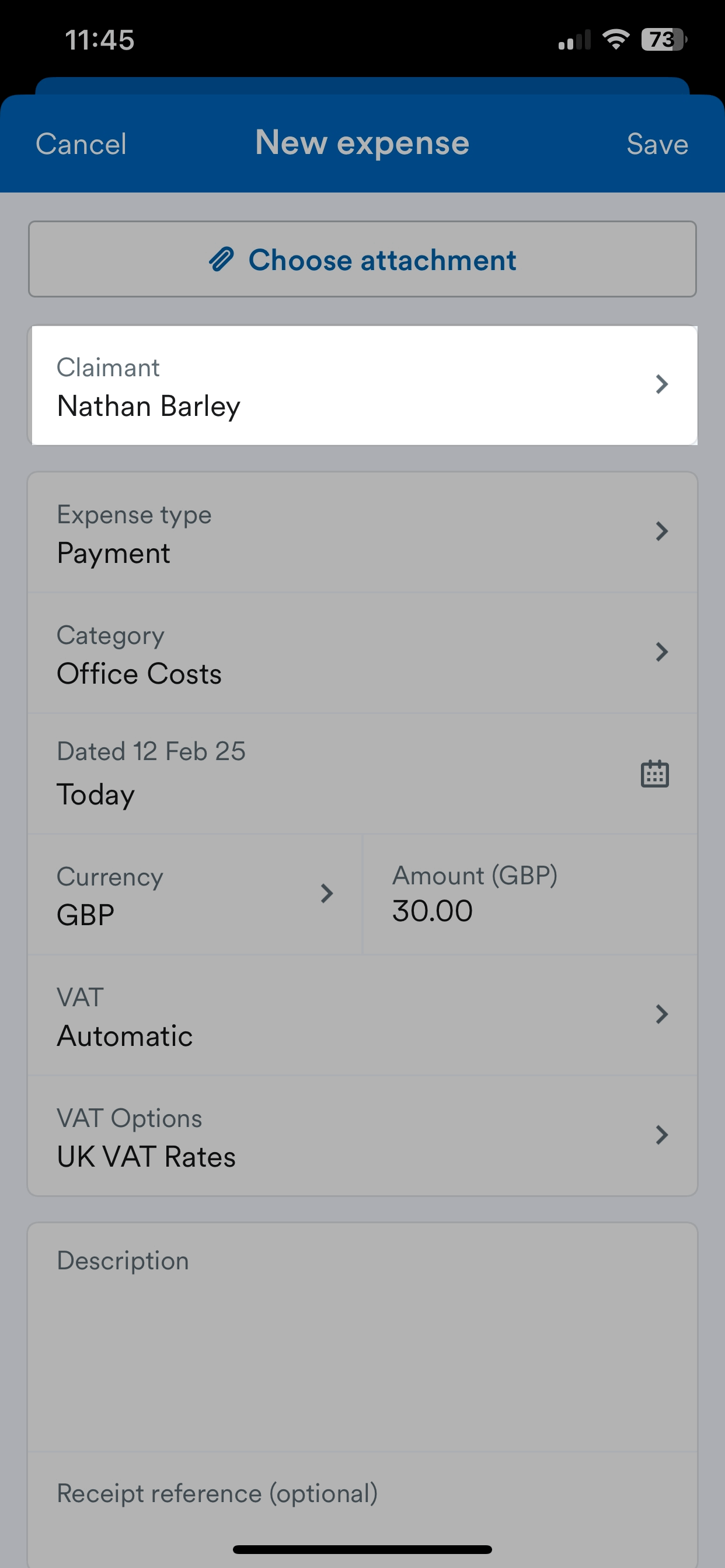 'Claimant' field with selected user highlighted on New expense page.