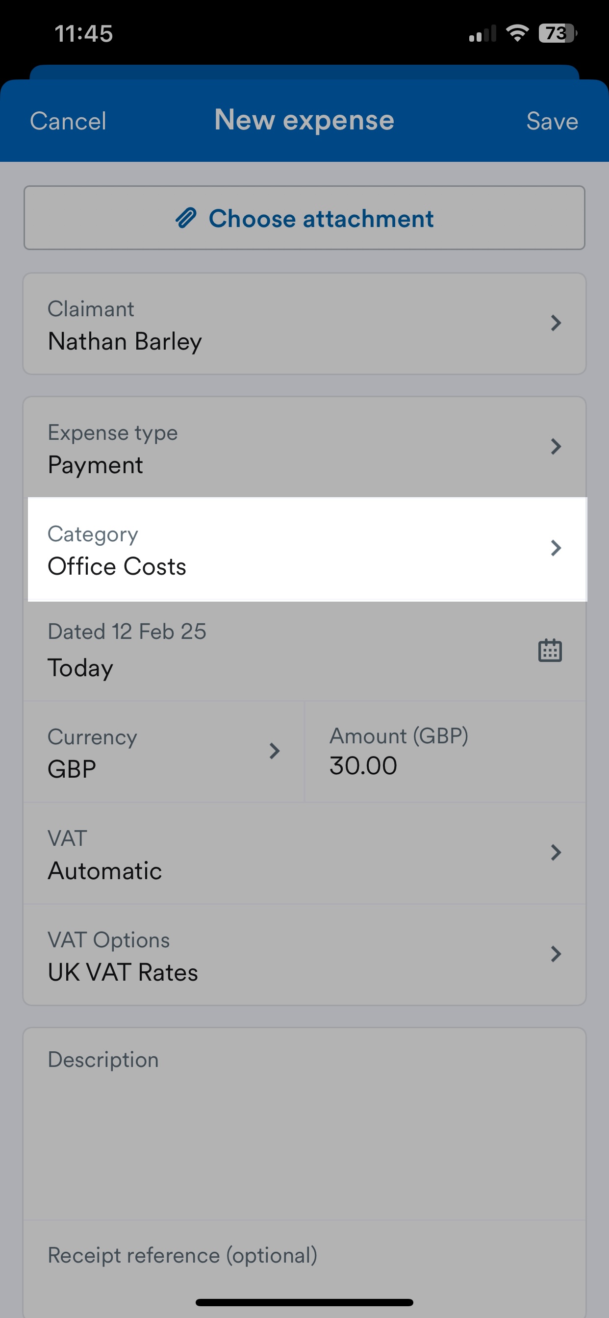 'Category' field highlighted on New expense page.