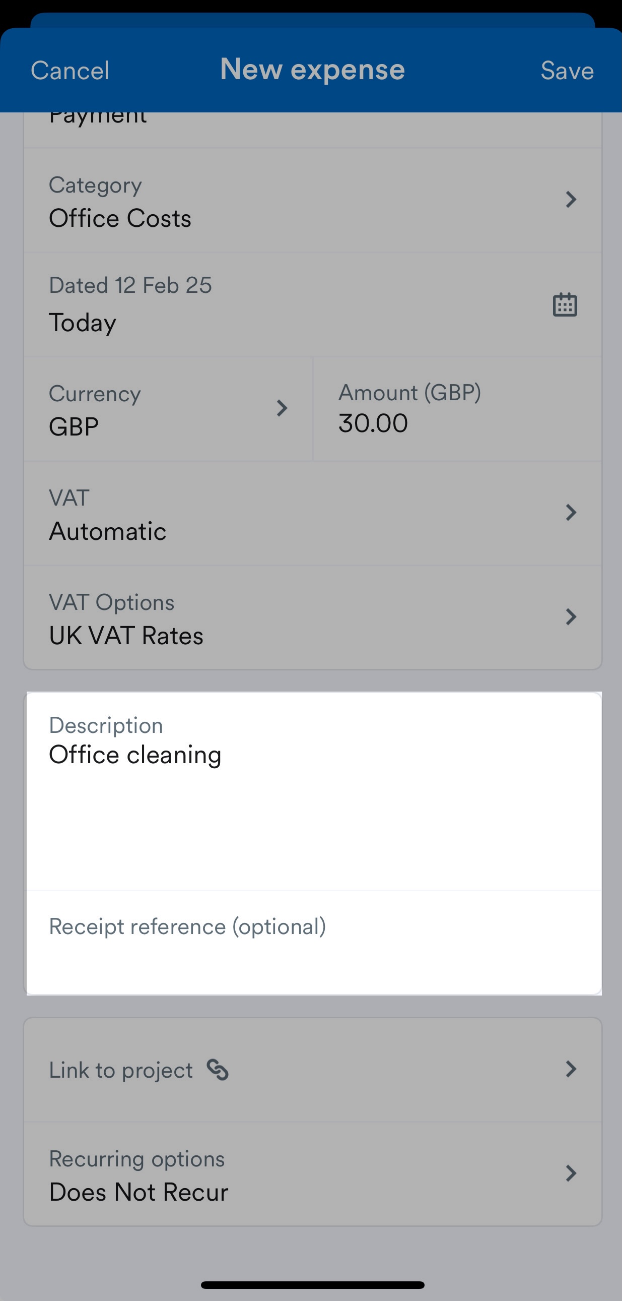Description field highlighted on New expense page.