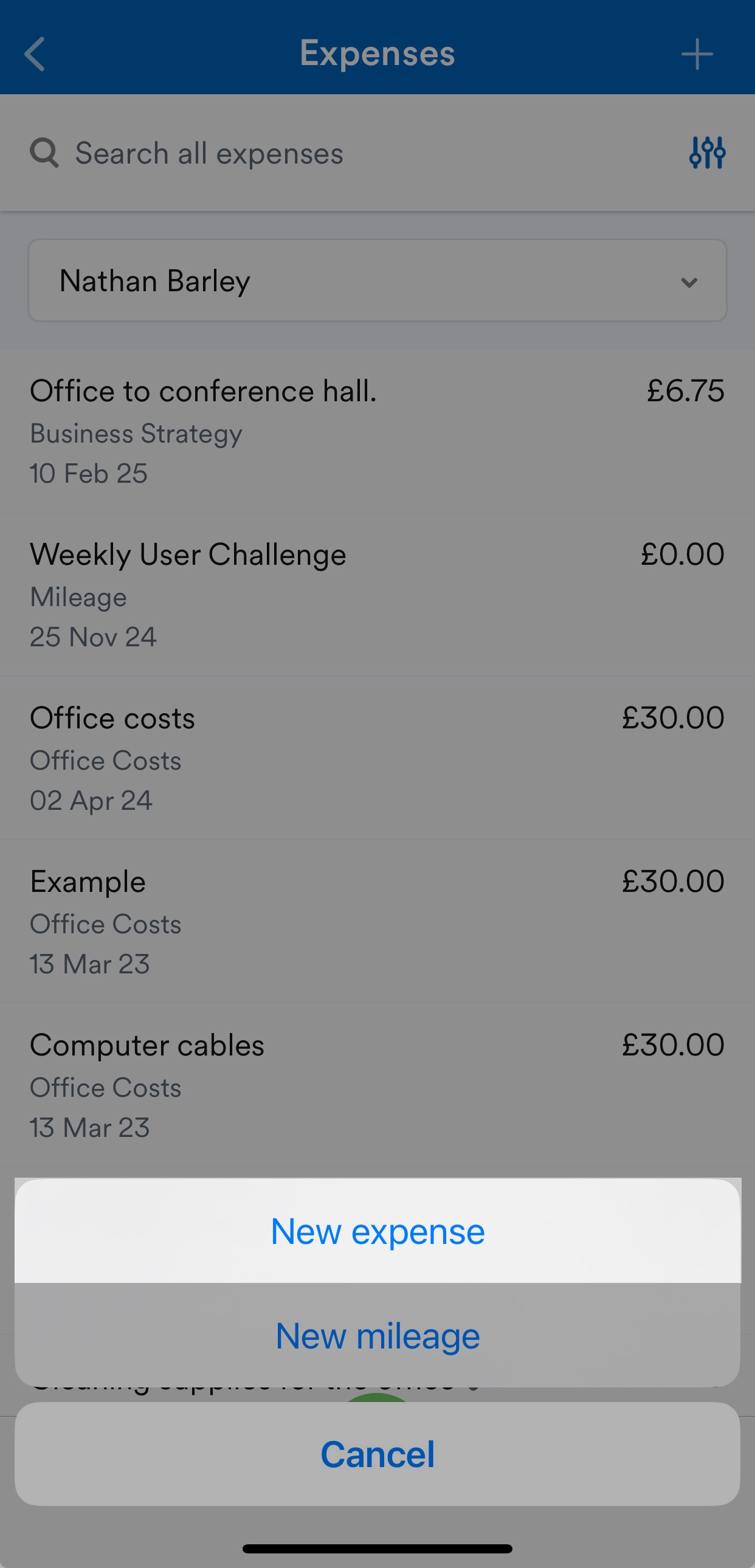 'New expense' button highlighted in expenses page.