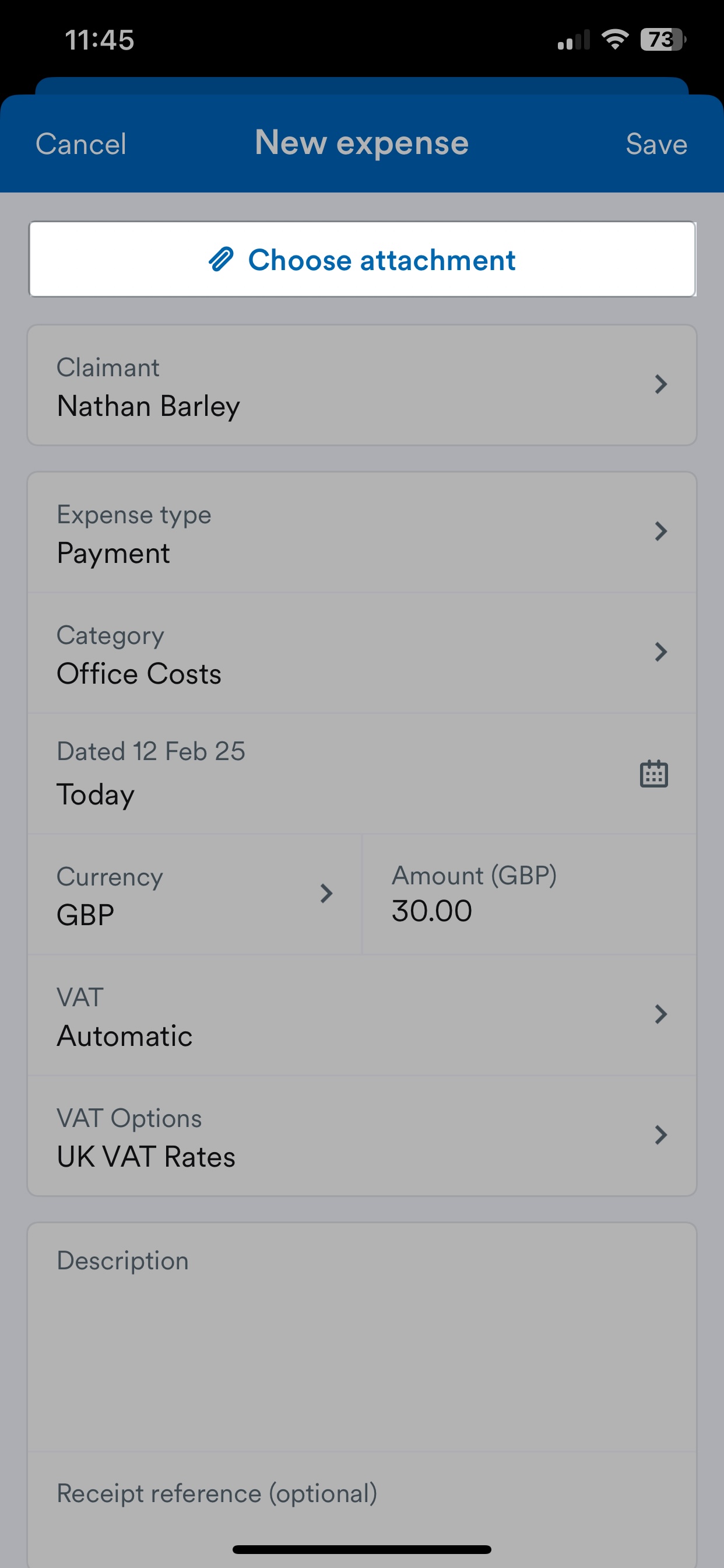 'Choose attachment' button highlighted on New expense page.